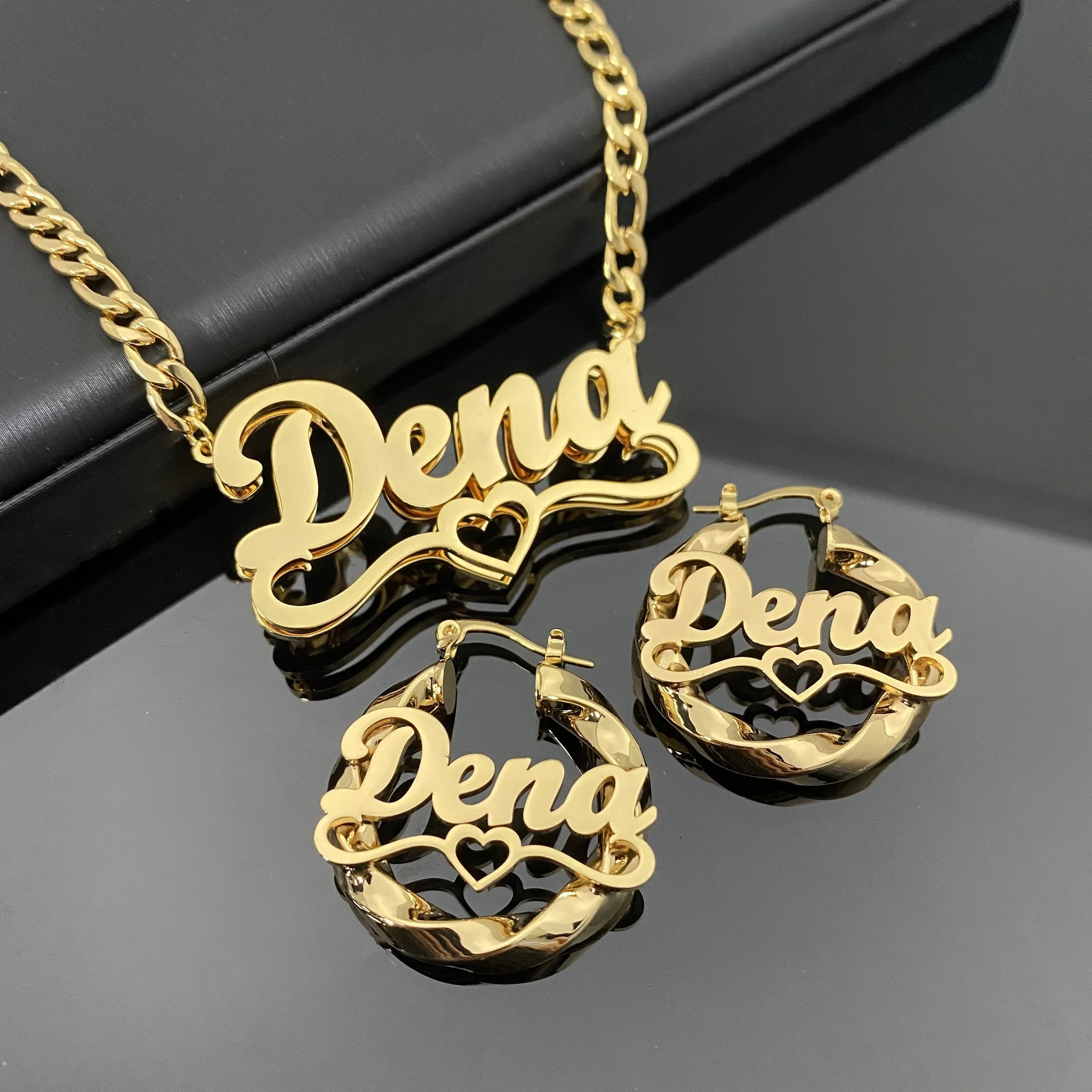 

Custom Name Jewelry Set for Girls Stainless Steel 30mm Twist Earrings Personalized Double Layer Nameplate Pendant Necklace Women