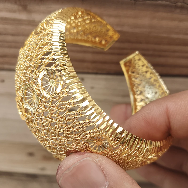 24K Dubai Bangles For Women Saudi Arabia Africa Fashion Gold Color Ethiopian Bride Wedding Bracelet Jewelry Gifts