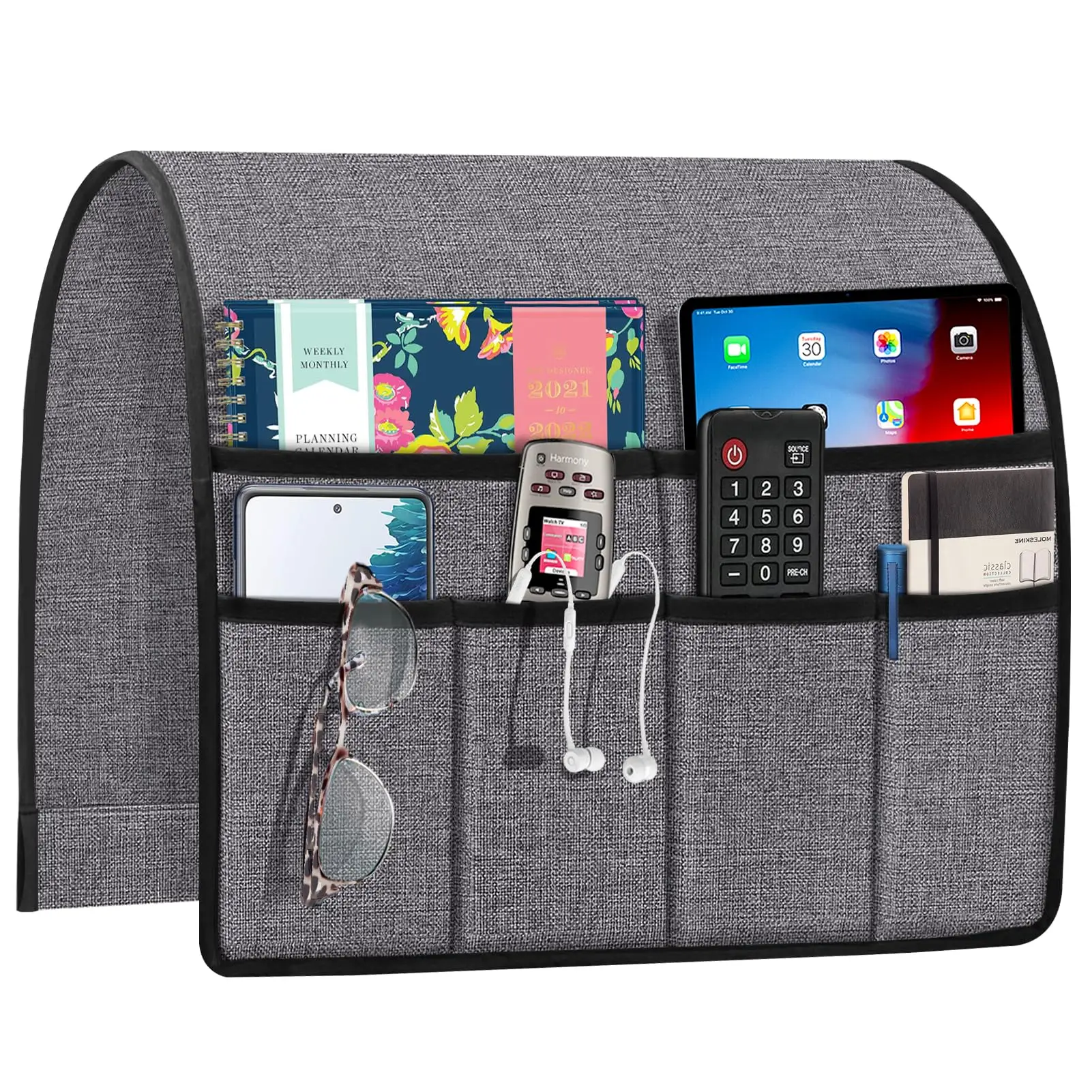 Gray Fabric Armrest Caddy With Six Compartments For Remote, Tablet, Phone, Glasses, Earphones And Notebook