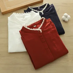 100% Cotton yarn white navy blue red shorts long sleeve blouses for women autumn vintage stand collar victorian shirts lady tops