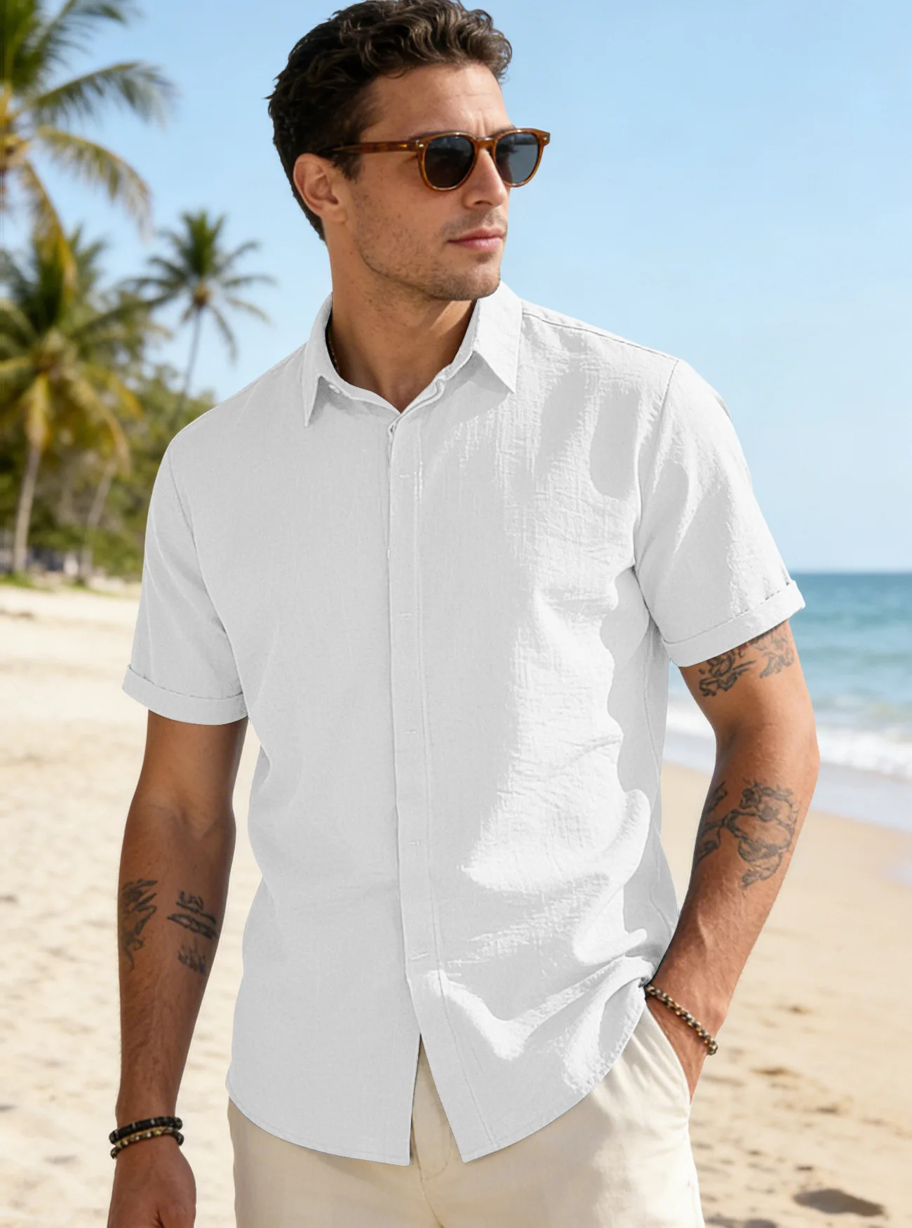 

Summer Men's Cotton-Linen Collared Plain Color Fashion Short-Sleeved Simple Breathable Quick-Drying Casual Business Sport Shirt