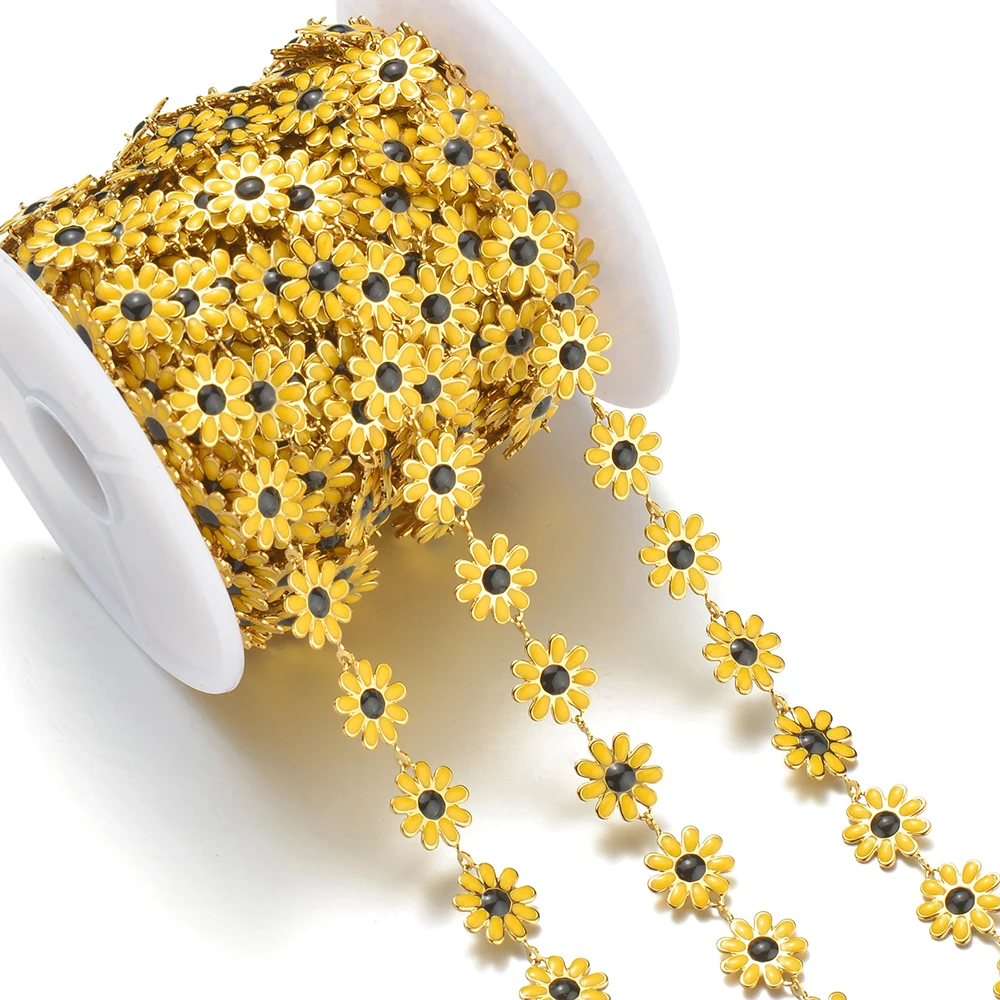 Großhandel 1m/Stück Edelstahl Goldfarben Emaille Sonnenblumen-Ketten für DIY-Halsketten, Schmuckherstellung, Armbänder, Fußkettchen – Detail 3