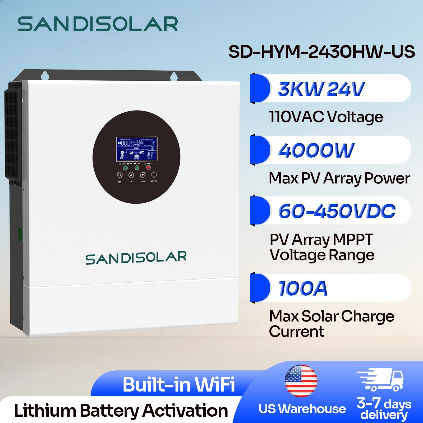SANDISOLAR 3KW Hybrid Solar Inverter 24V Off Grid Inverter 3000W MPPT Solar Charger Pure Sine Wave With WIFI For Solar Panel Battery System