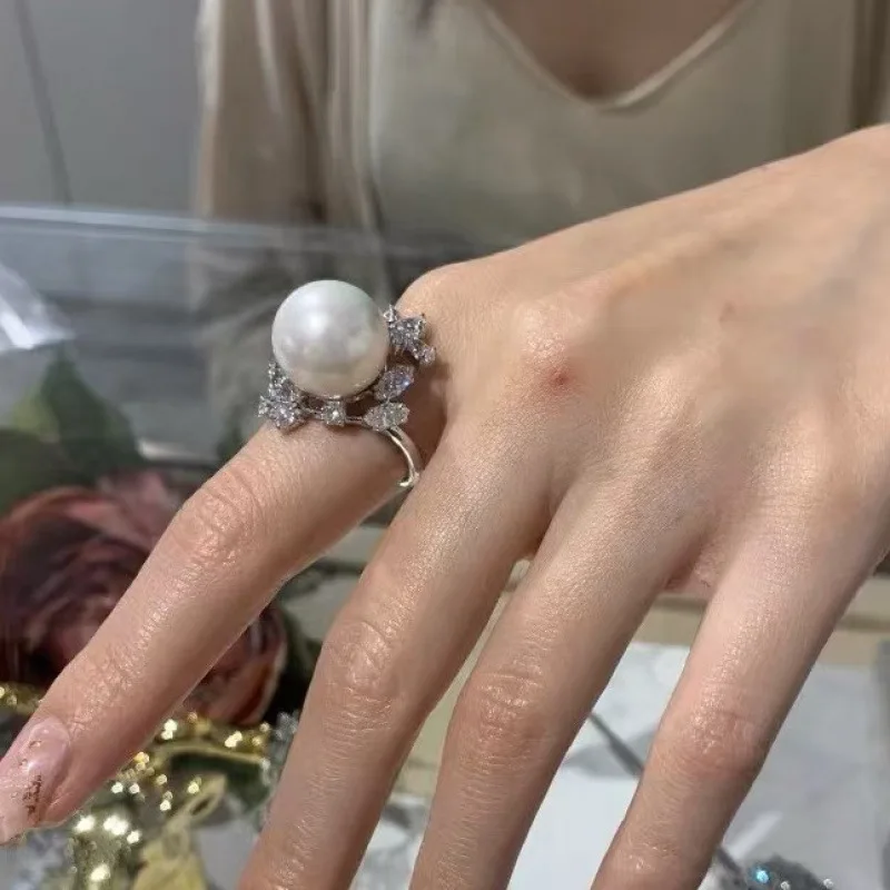 New White Pearl Adjustable Flower Ring with Zircon Women's Solid 925 Sterling Silver Ring Fine Bridal Princess Jewelry