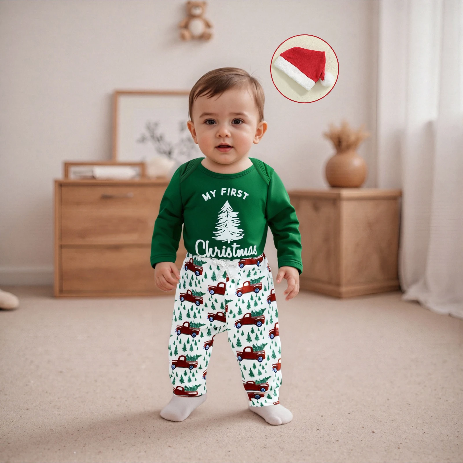 Baby Boy Christmas Clothes Letter Tree Print Long Sleeve Romper Truck Pattern Long Pants and Hat 3Pcs Outfit