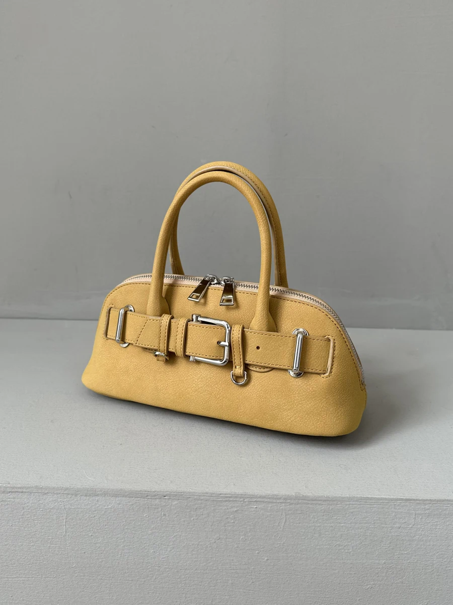 

Top Layer Cowhide Leather Bowling Handbag Women's Crossbody oulder Bag with Belt Decoration Casual Tote Bag ell ape