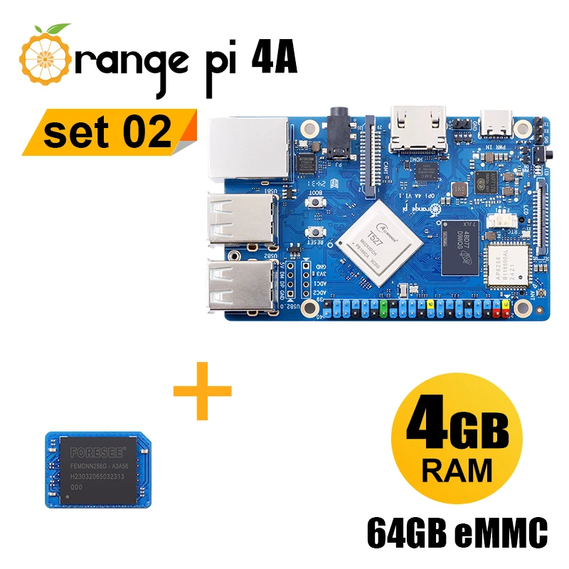 Orange Pi 4A 4GB RAM LPDDR4/4X Single Board Computer with 64GB eMMC Module Sets,Allwinner T527 CPU,2 TOPS NPU,8 Core Arm+RISC-V