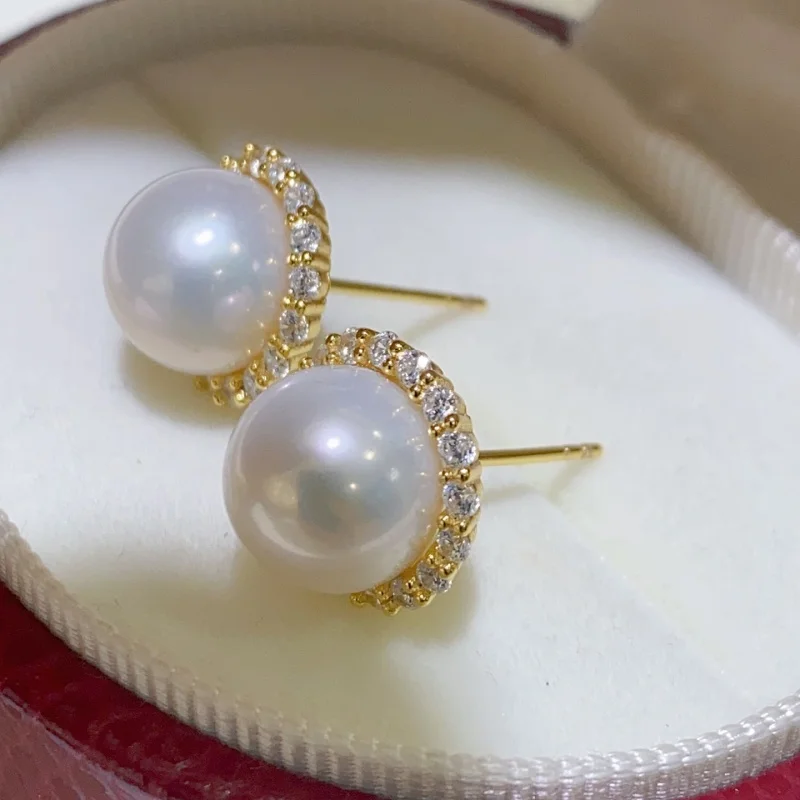 

SGARIT Real 925 Sterling Silver Earrings For Women 9-10mm Fresh Water Edison Pearl Earrings Zircon Elegant Trendy Gift Jewelry