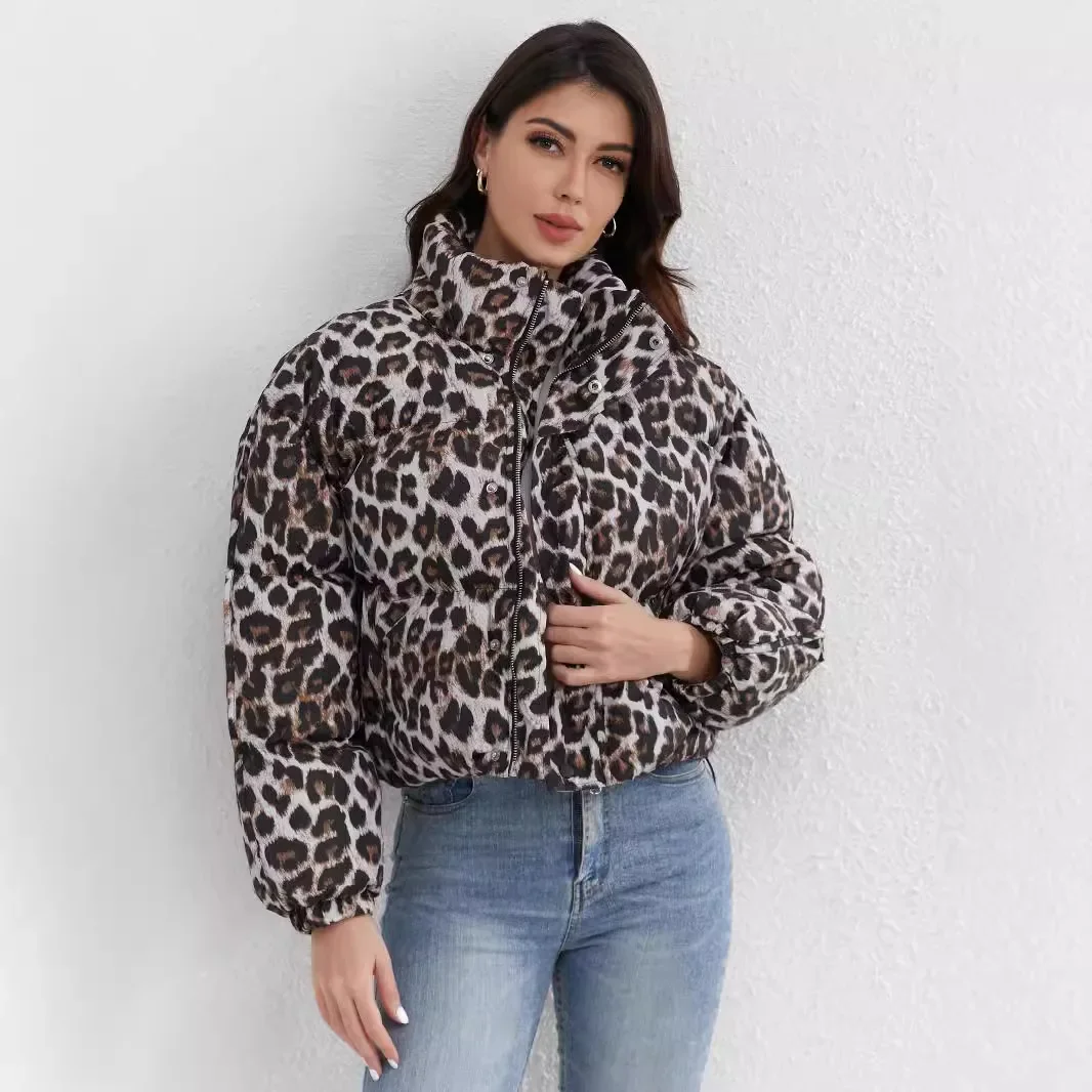 Y2k Streetwear Fashion Leopard Print Cropp Cotton Winter Puffer Jackets Women 2024 Stand Neck Long Sleeve Zipper Coat Women