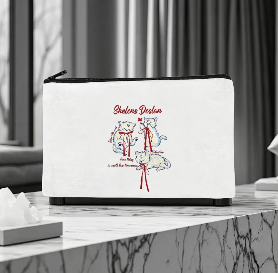1PC Coquette Red Ribbon Three White Moon Cat Inspirational Quote Canvas Cosmetic Bag Double Sided Portable Zipper Pouch
