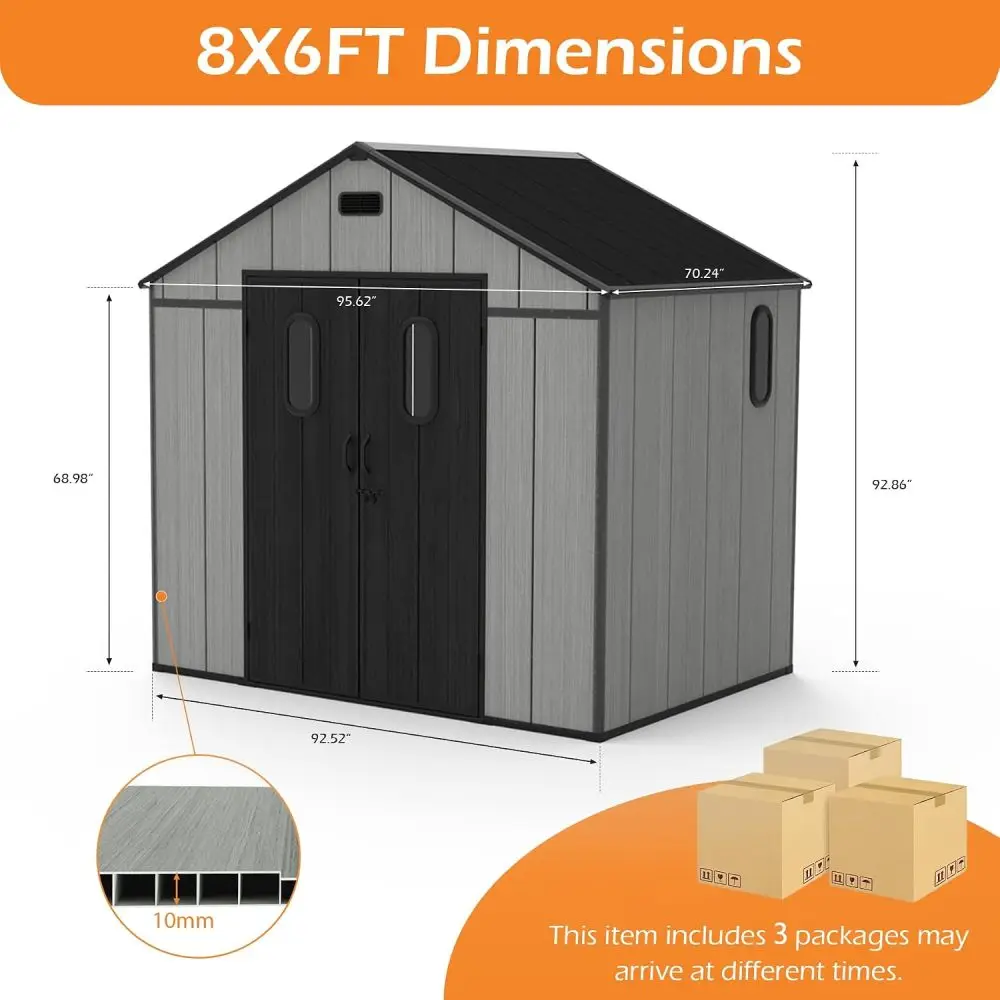 8x6Ft Resin Outdoor Storage Shed with Floor, Plastic Garden Storage Shed, Outside Weatherproof Storage Building for Tools, Bike, Lawn Mower, Patio, Backyard