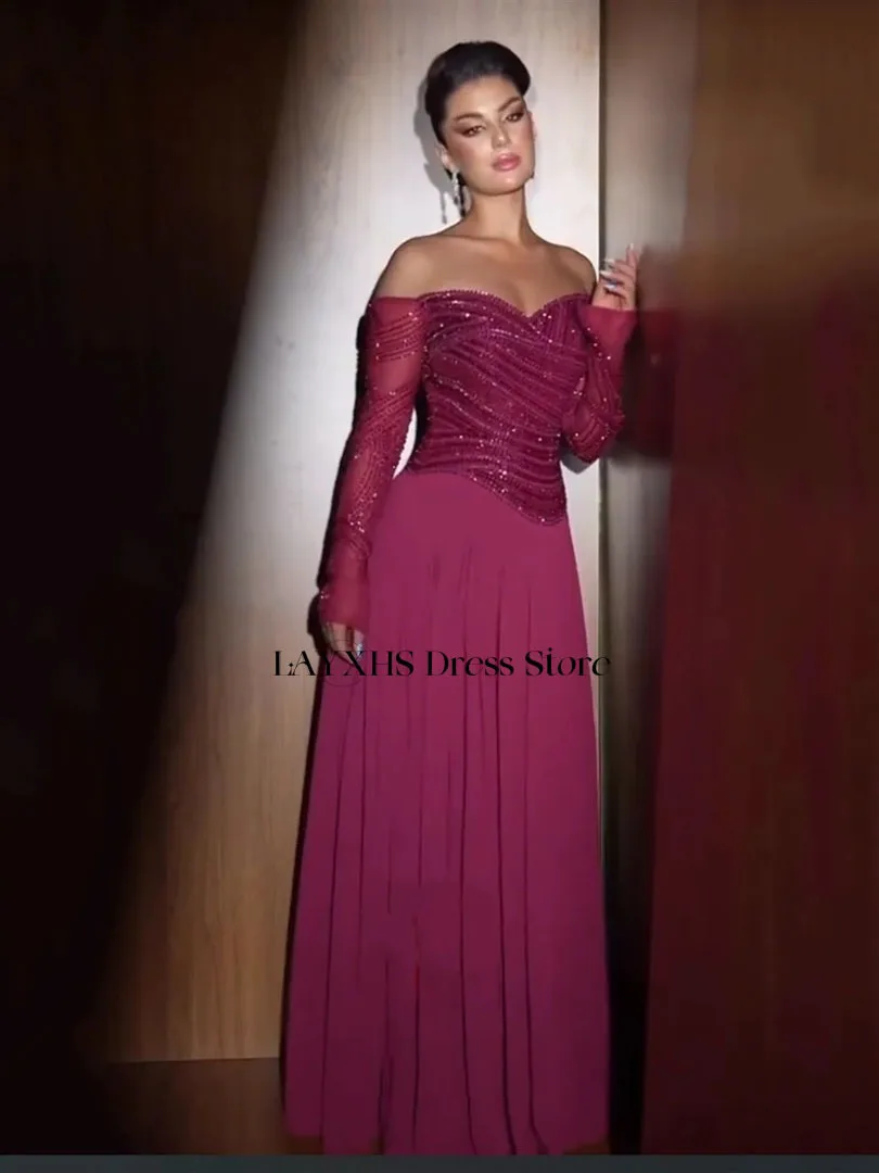 LAYXHS haute qualité exquise perles paillettes robes de soirée hors de l'épaule manches longues plissé robes de bal personnalisé