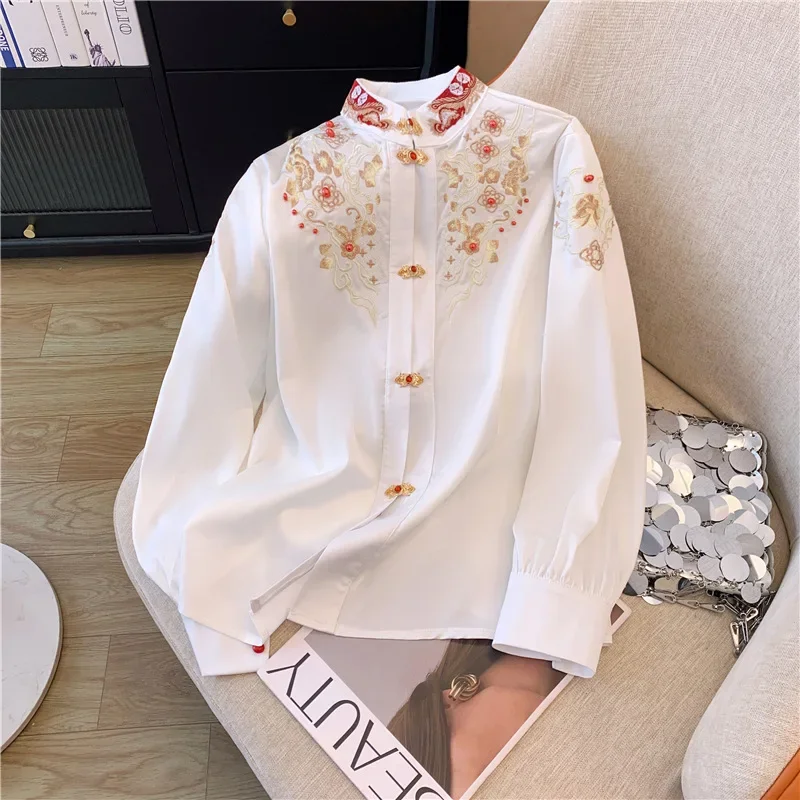 

Chiffon Chinese Style Women's Shirt Summer Vintage Embroidery Blouses Loose Long Sleeves Women Tops Fashion Clothing 2024 Korean