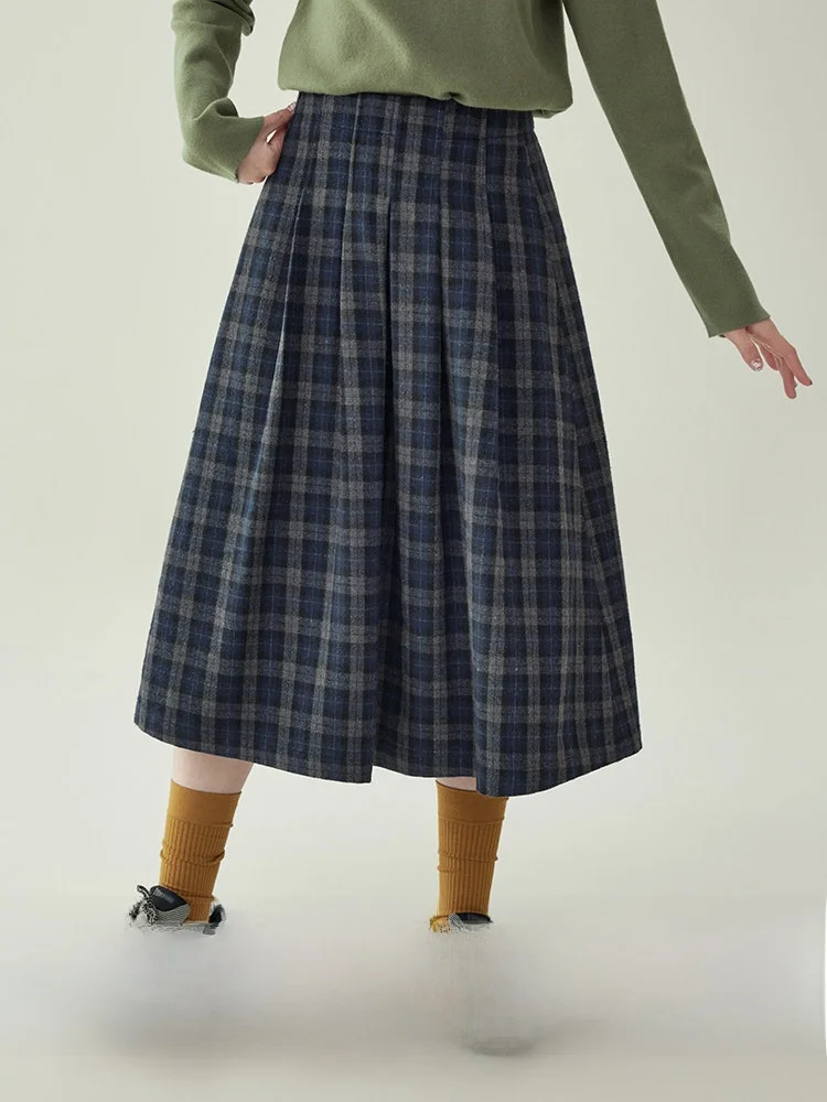 

AMUU Original High Waist A-Line Midi Skirt for Women Winter New Blue Plaid Pleated f Skirt Korean Sle Commute Skirt