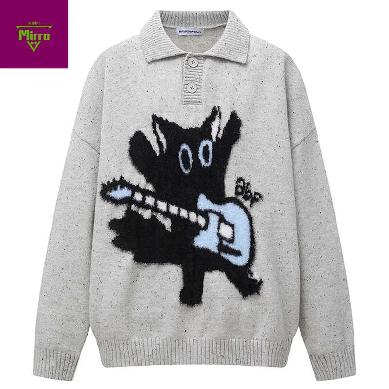 เสื้อสเวตเตอร์ลายการ์ตูนผู้ชาย สไตล์สตรีทแวร์ ฮาราจูกุ ฮิปฮอป ทรงโอเวอร์ไซส์ เสื้อไหมพรมถัก สวมหัว ลำลอง ทรงหลวม