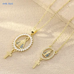 MHS.SUN New Vintage Zircon Virgin Mary Cross Pendant Necklace for Women Fashion Gold Color Religious Choker Jewelry Party Gift
