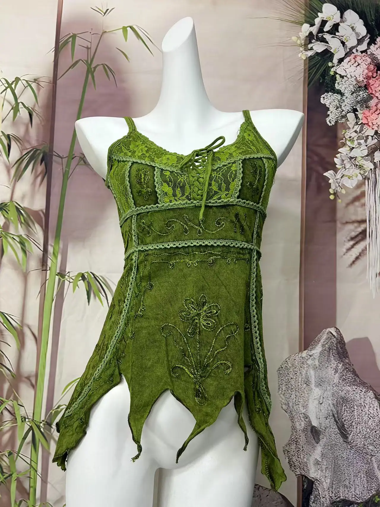 Hand Embroidered Hippie Tribal Style Lace Fairy Strap Women's Vest Tops Cotton 100% Versatile Outerwear Summer Outfits