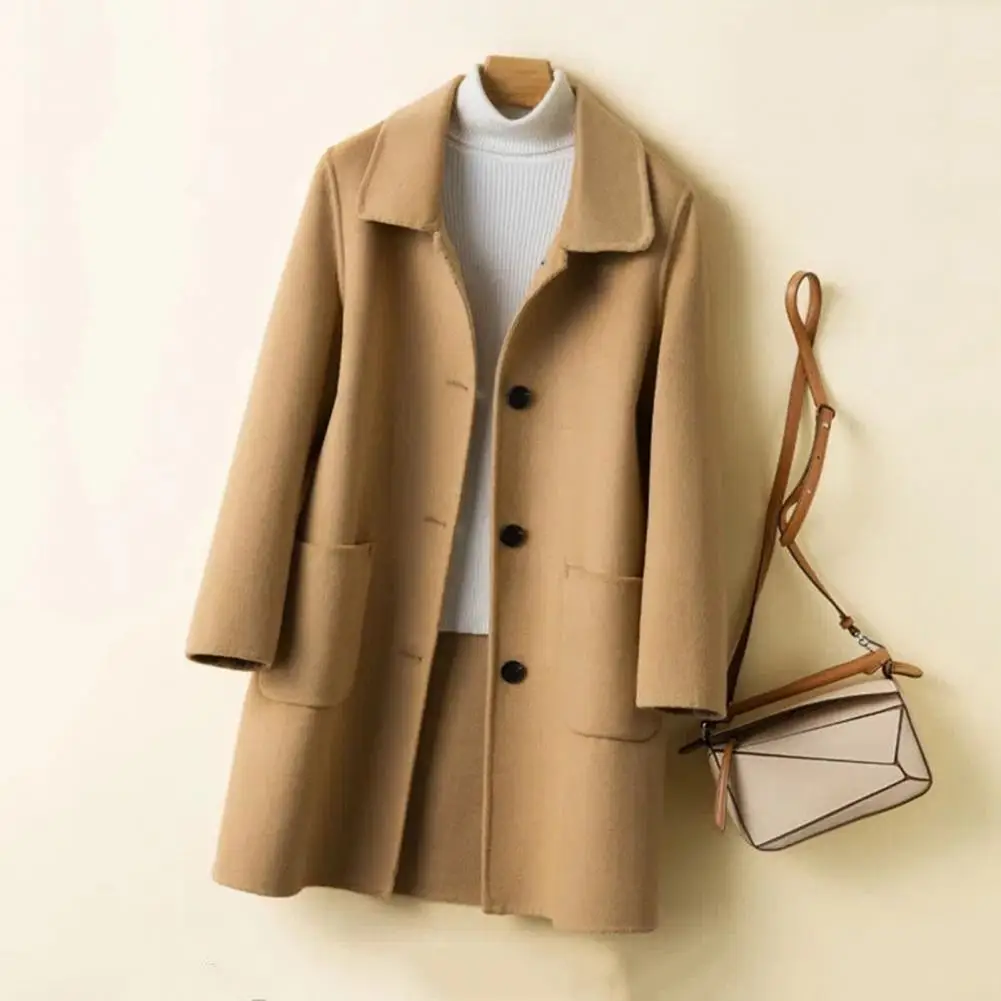 Polyester Winter Jacket Women Wool Coat Women's Wool Blend Mid-length Pea Coat Single Breasted Notch Lapel Trench Coat Loose-fit