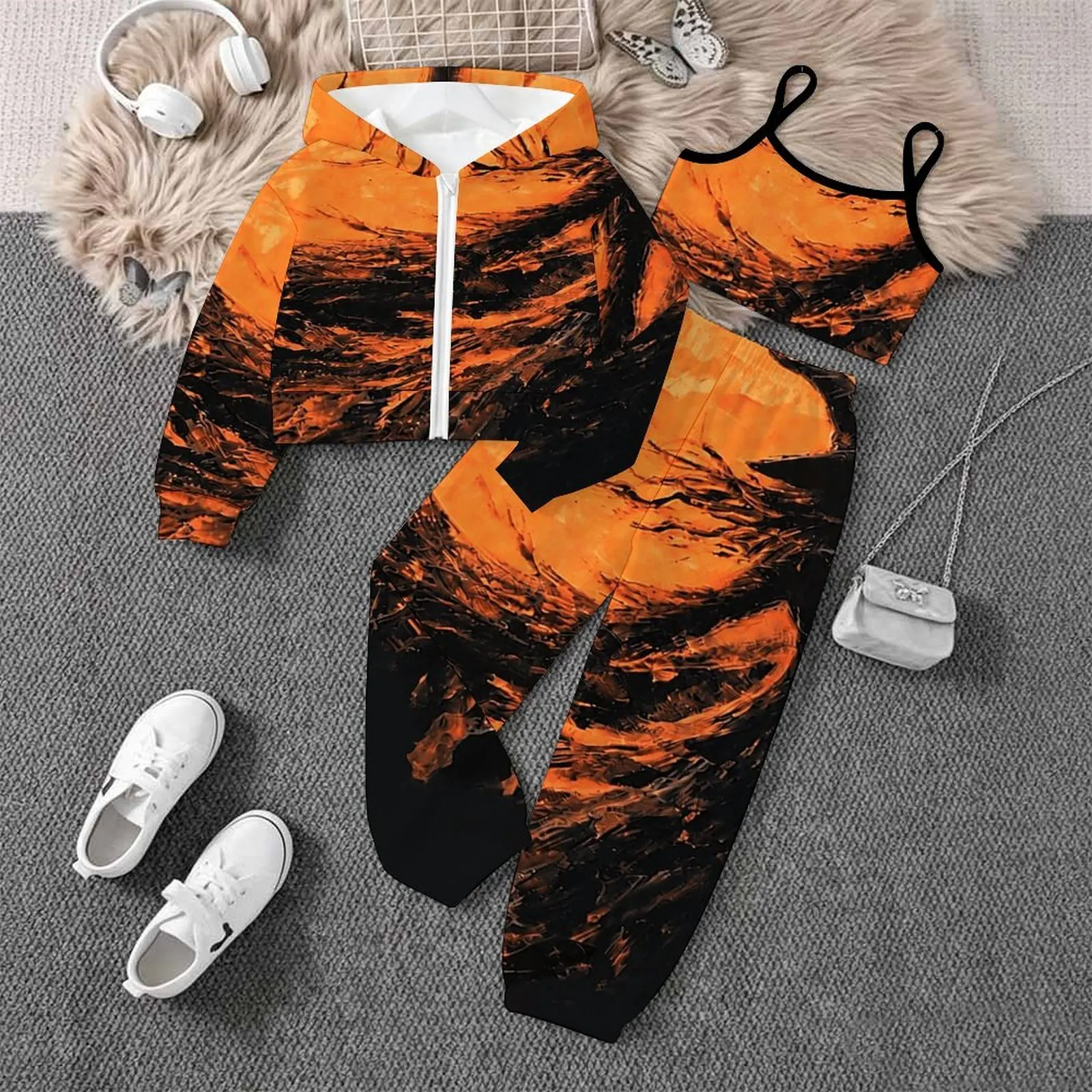 Autumn Winter Girls' Printed Three Piece Fashion Coat All Hallows' Day Vest Daily Pants Children's Jogging Pants Casual Pants