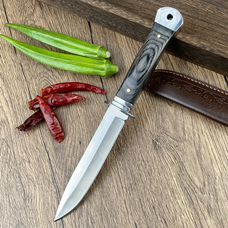 

Y-START 5CR13MOV steel Blade Ebony + Steel head Handle Artificial leather sheath scabbard Survival Hunting Knife-NS13169
