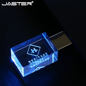 JASTER USB 2.0 플래시 드라이브 LED 크리스탈 Pendrive 4GB 8GB 16GB 32GB 64GB 128GB 투명 유리 사진 선물 무료 로고