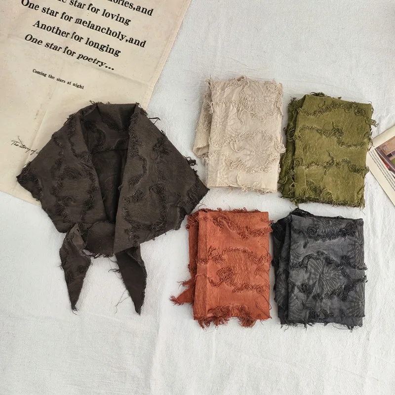 

Wasteland style pure cotton solid color triangle scarf for women, spring and summer breathable fringe minimalist neck wrap