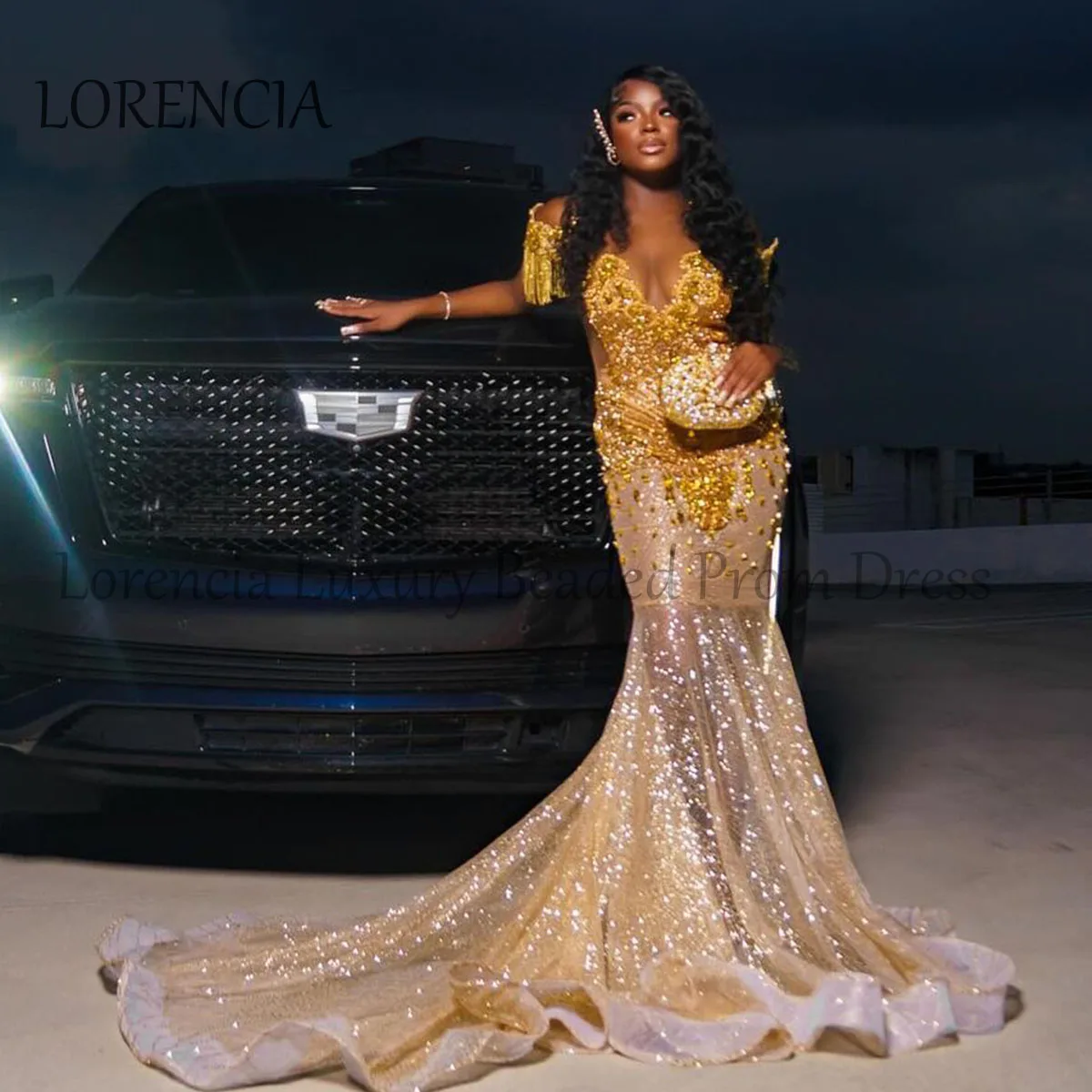 Vestidos de graduación de sirena de encaje con diamantes brillantes para niñas negras, cuentas de borla, cristales, vestido de fiesta de noche Formal, 2024