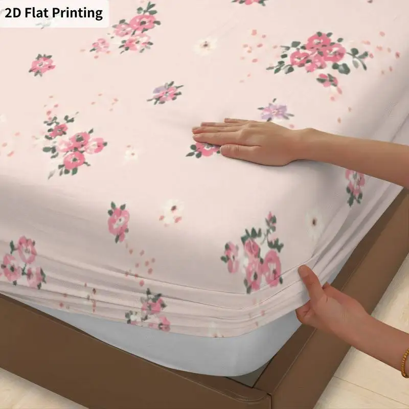 3Pcs Pink Floral Fitted Sheet Three Piece Set (1*Fitted Sheet + 2*Pillowcases, Coreless), Bedding Set