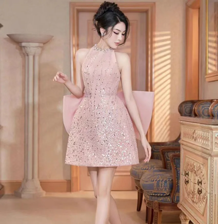 Runway Summer Pink Sequin Rhinestone Shiny Short Dress Sweet Fashion Women O Neck Sleeveless Tank Back Large Bowknot Party Dress