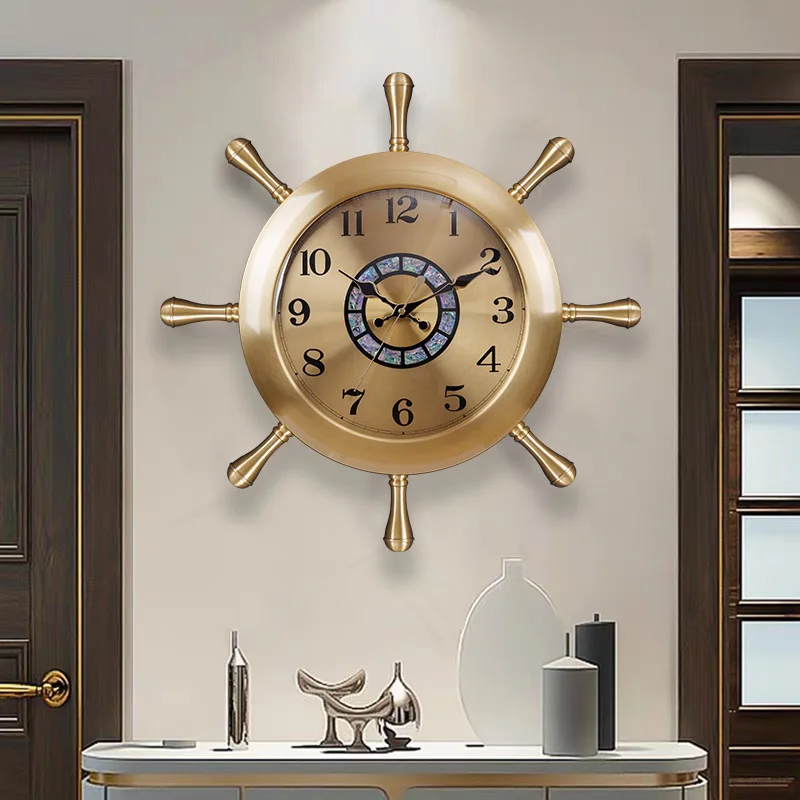 European brass light luxury wall clock living room modern creative personalized clock villa wall watch rudder decorative