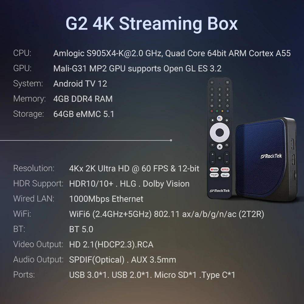 Android 14 ATV Stream RockTek G2 4K TV Box Amlogic S905X4-K مشغل الوسائط Netflix Google معتمد DTS Dolby Audio Vision ATMOS
