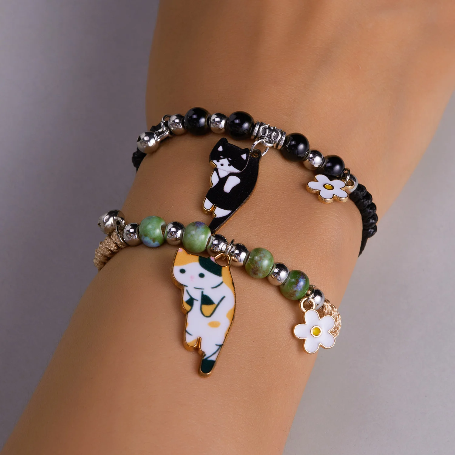 Cartoon Enamel Animal Cat Flower Bracelet for Girl Kids Women Charm Pet Pendant Strap Rope Bracelets Handmade Friendship Jewelry