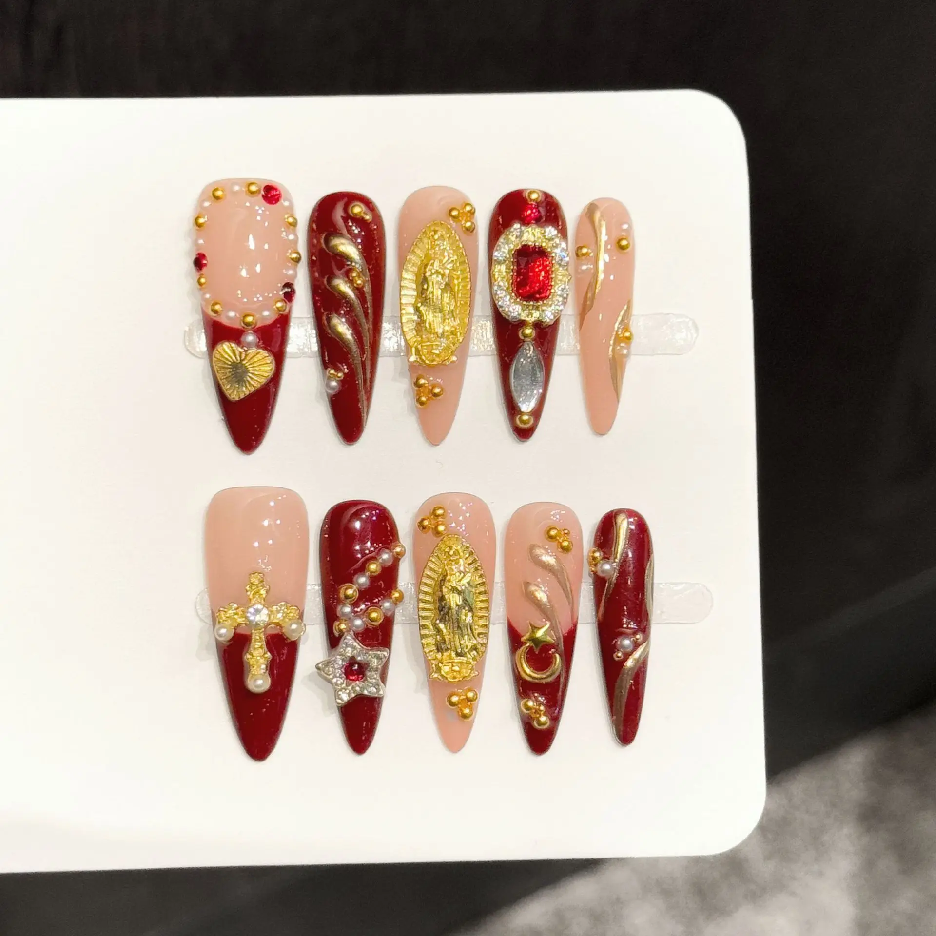 

10pcs Handmade Press On Nails Vintage Red Gold Cross Designs Court False Nails Long Stiletto French Style Luxury Fake Nail Tips