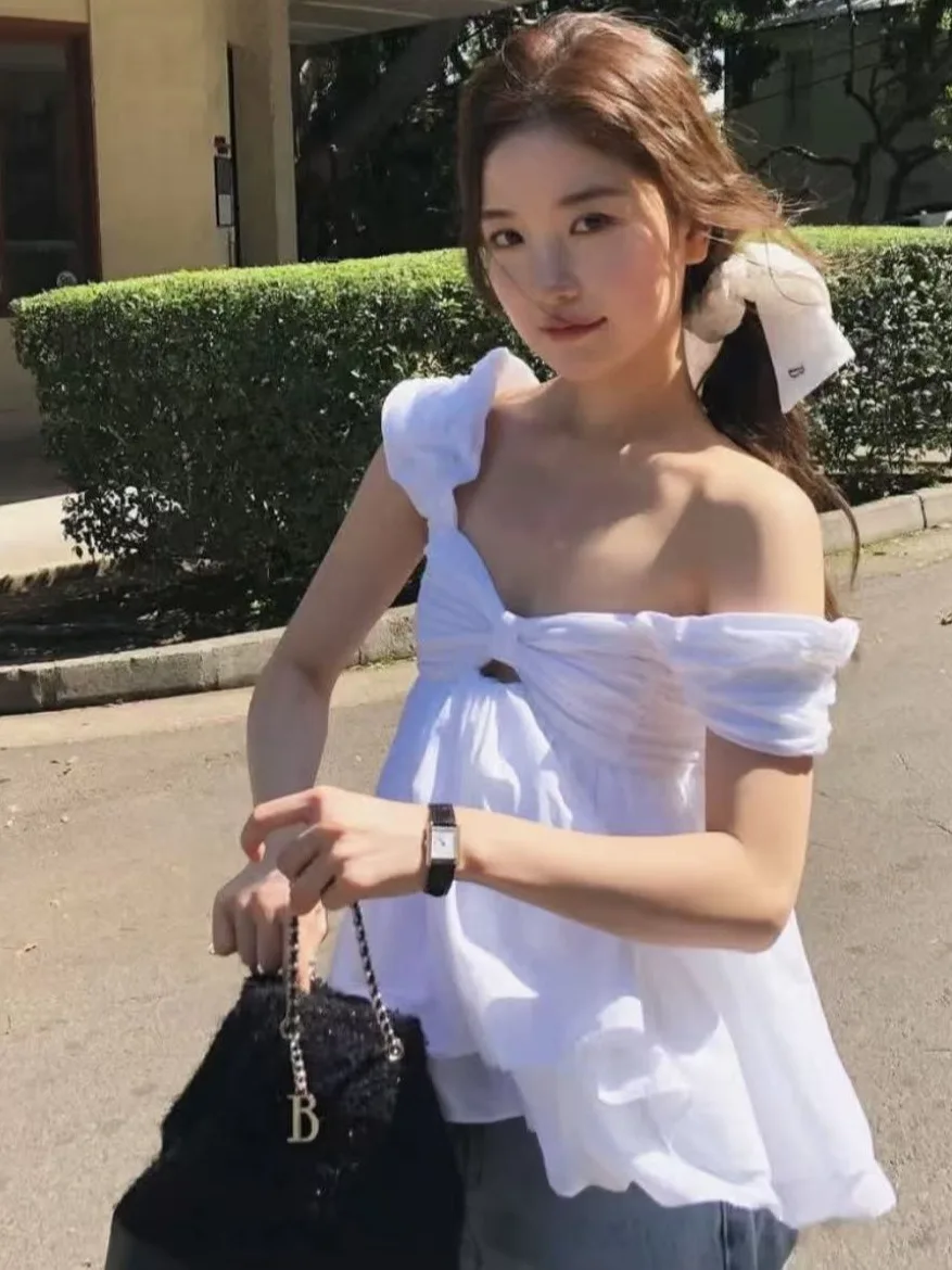 เสื้อกล้ามผู้หญิง ดีไซน์เว้าไหล่ข้างเดียว สไตล์เกาหลี แฟชั่นลำลอง สวมใส่สบาย