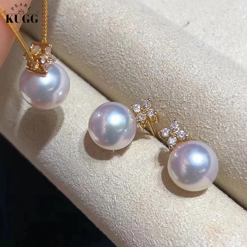 

KUGG PEARL 18K Yellow Gold Earrings 8-8.5mm Natural Akoyo Pearl Stud Earrings and Necklace Fashion OL Style for Lady