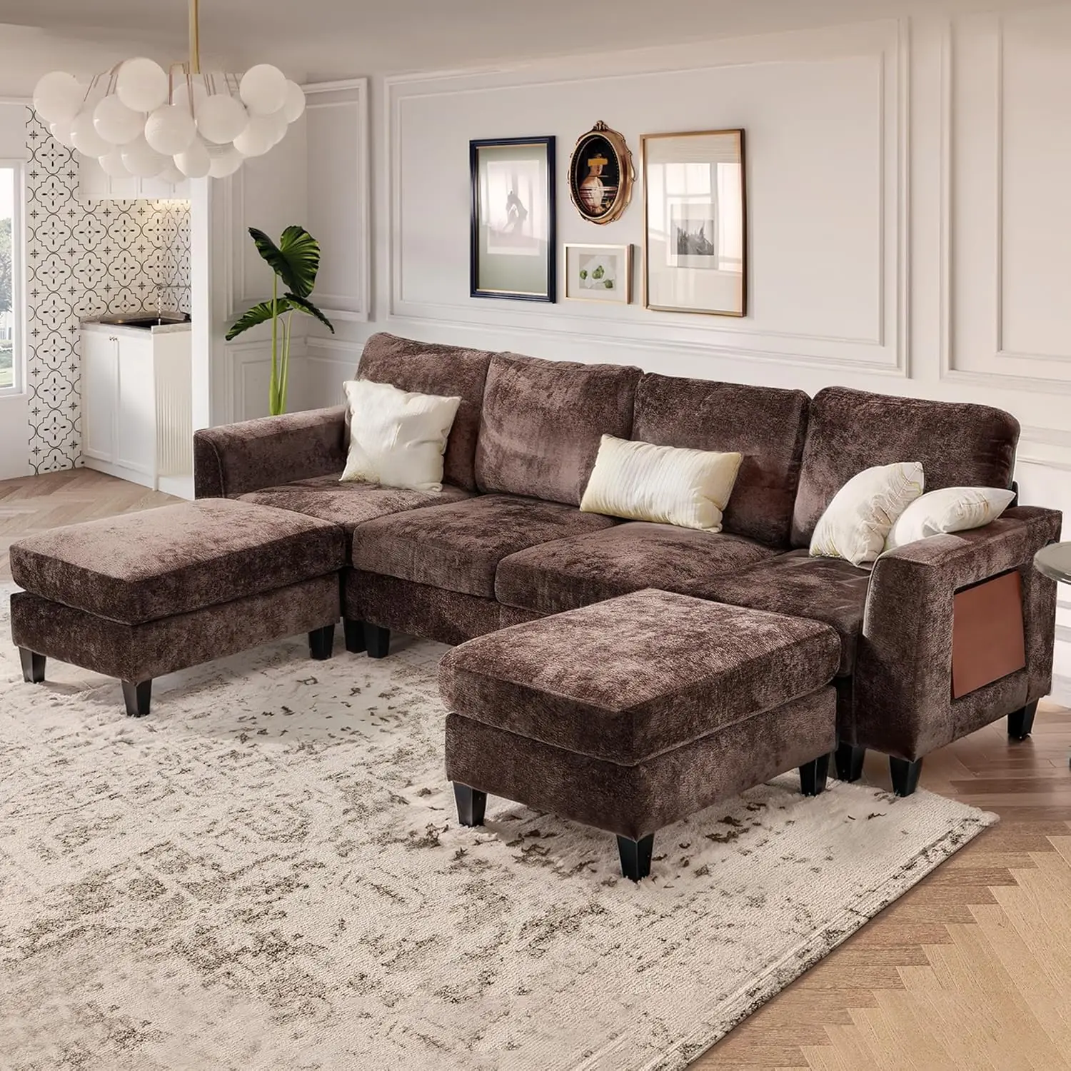 

118' U-Shaped Sectional Couch, 4-Seat Modular Sofa with 2 Ottomans and Foldable Side Table, Brown for Living Room