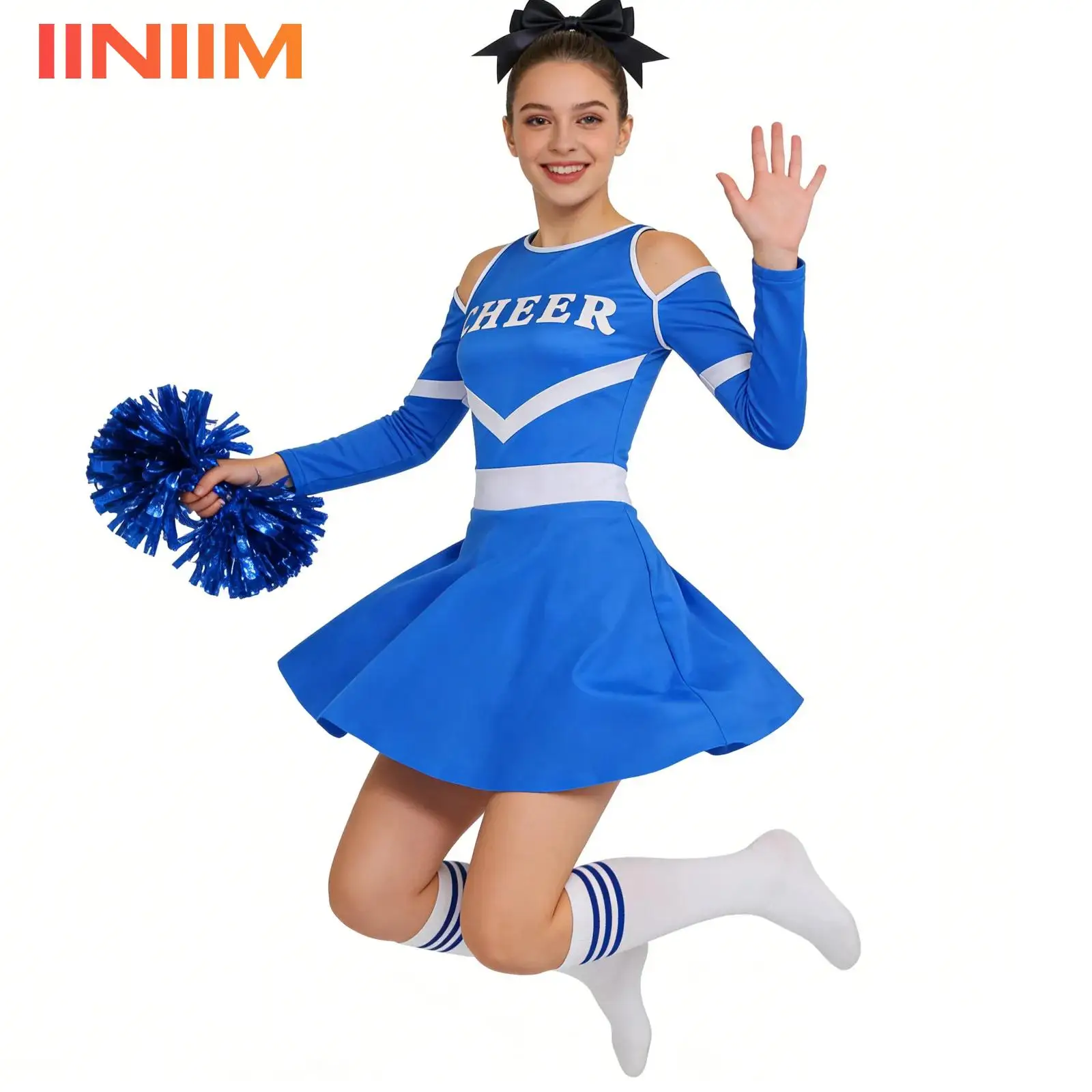 

Womens Cheerleading Uniform Long Sleeve Modern Cheer Dance Dress Cheerleader Costume with Stockings Bow Headband And Pom-poms