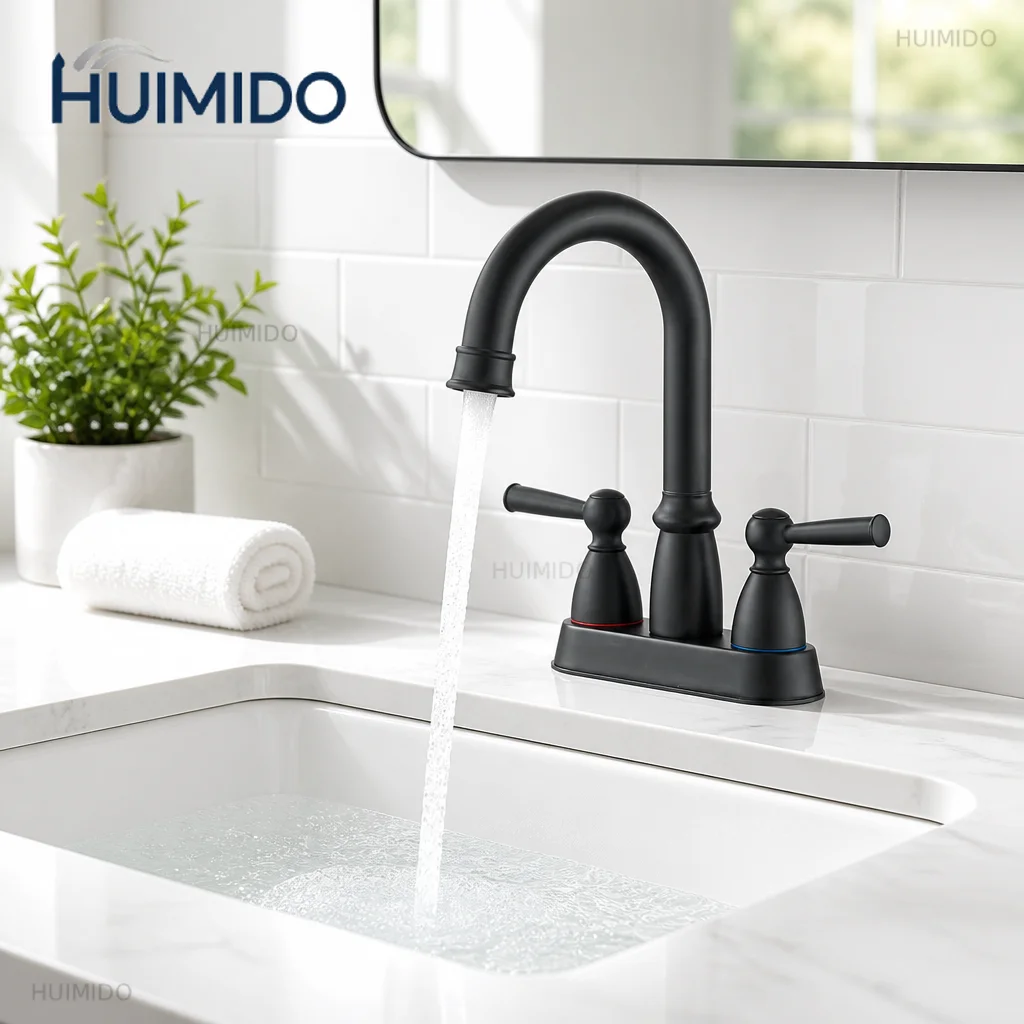 Bathroom sink faucet, two-handle high-arc 360 ° rotating brass center matte black sink faucet with pop-up drain