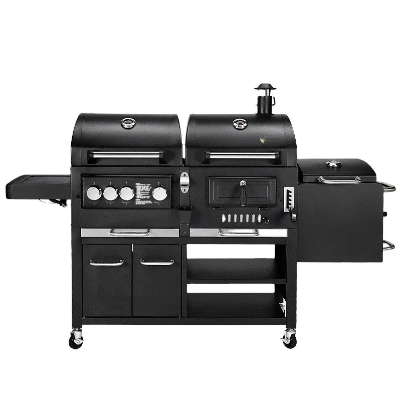 Outdoor large gas and charcoal heavy duty trolley smoker non-smoking combo commercial barbecue grill