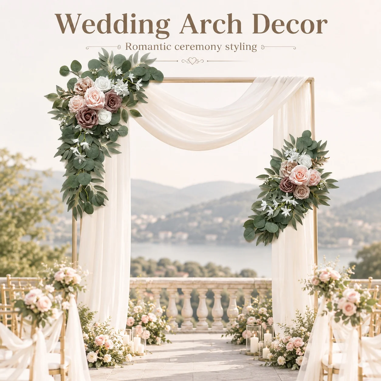 

Romantic Artificial Flower Swag Pair, Rose and White Floral Decor for Wedding Welcome Sign, Party Backdrop and Indoor Decoratio