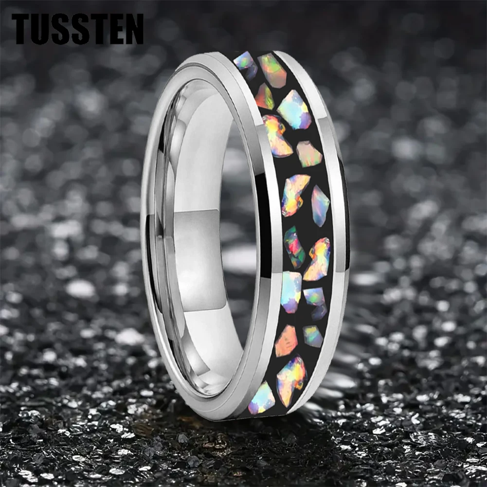 TUSSTEN 4/6/8/10MM Crushed Fire Opal Inlay Pipe Cut Polished Black Tungsten Ring for Men Women Engagement Wedding Band