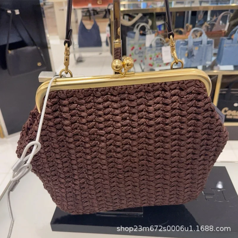 Purely Handwoven Shoulder Bag for Women, Luxury Designer Metal Frame Clip Handbag, Straw Beach Bag, Large Capacity Armpit Bag
