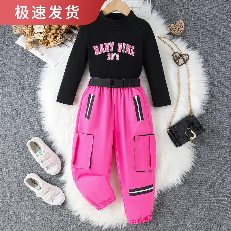 

Children's Autumn Winter High Neck Letter Print Top+Trendy Fashion Cargo Pants+Belt Suit