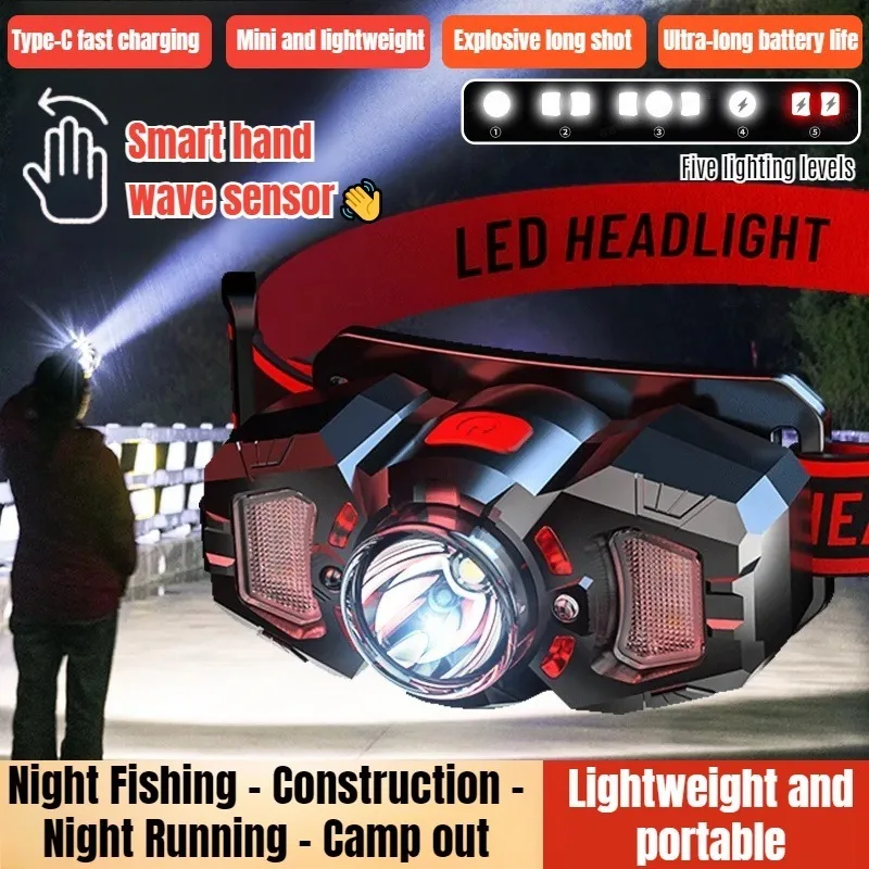 

Intelligent sensor headlamp dual light source headwear lasting 10-15 hours mining lamp led electric display fishing light