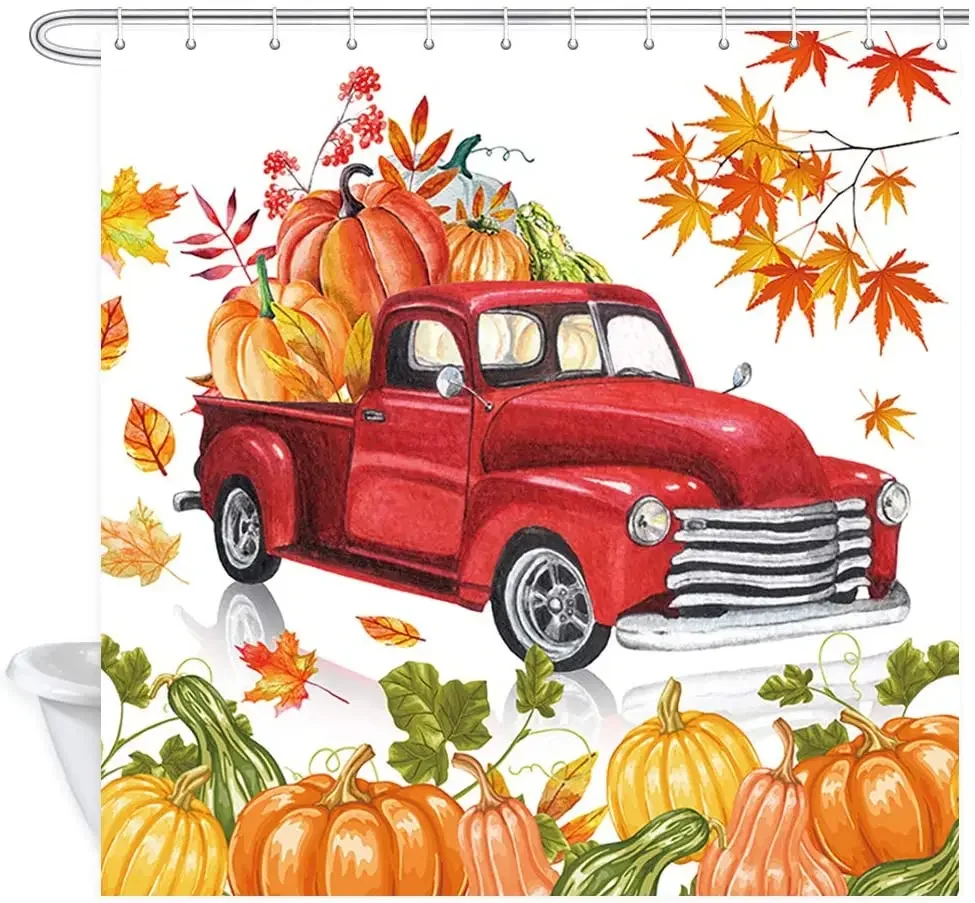 Fall Thanksgiving Truck Retro Red Rustic Fall Farm Harvest Car with Pumpkin and Autumn Maple Leaves Shower Curtain