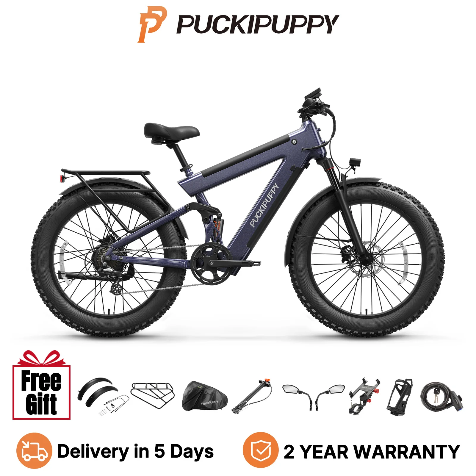 

PUCKIPUPPY Bulldog Dual Battery Electric Bike 1350W 48V 30AH Electric Bicycles 130 Miles Full Suspension 26" Fat Tire E-bike