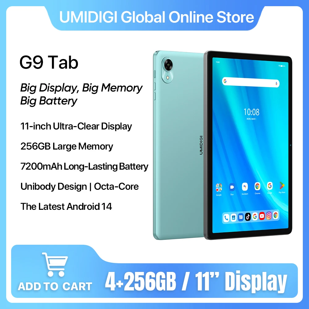 UMIDIGI G9 Tab tablette intelligente 11 "Android 14 8GB RAM (4 + 4GB) 256GB ROM 7200mAh UNISOC T606 AI visage déverrouillage 13MP avec écouteurs