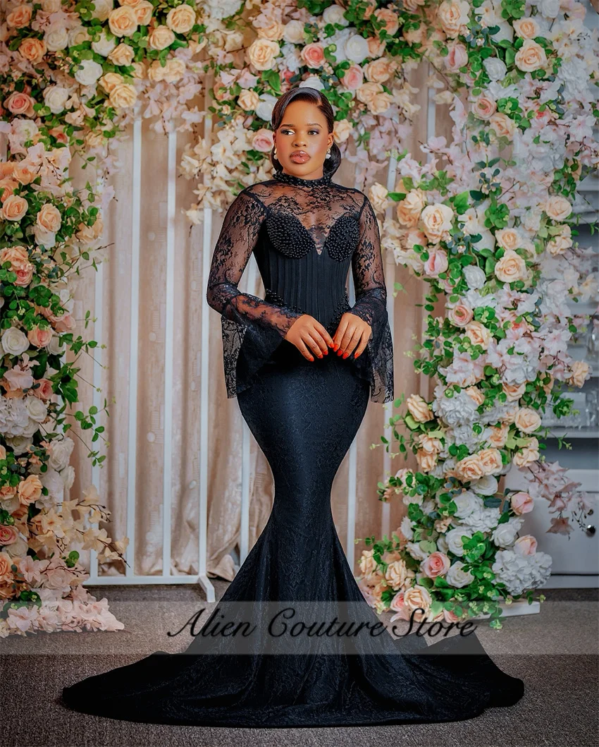 Vestido de noche de sirena de encaje negro exquisito, corsé con cuentas de perlas, Mangas de campana de encaje, vestido de fiesta de boda, vestido de madre