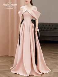 Customized One-shoulder French Banquet Evening Dress High-quality Temperament Engagement Prom Dresses Pink Satin Bride Wed Party