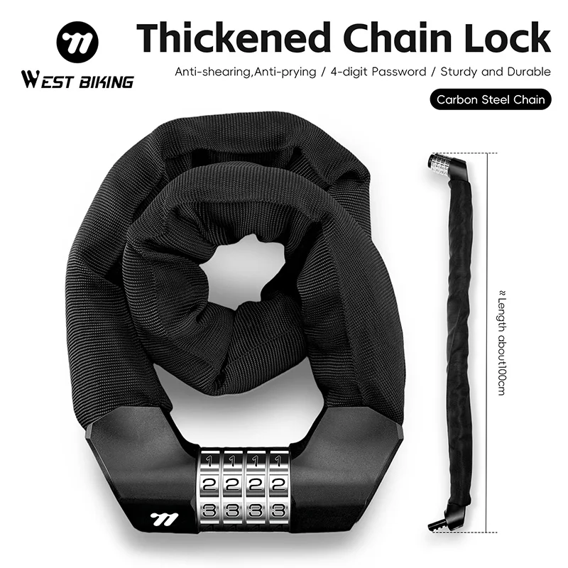 WEST BIKING Bicycle Lock Thickened Chain Lock 4 Digit Password Anti-Theft Motorcycle Scooter Bike Chain Lock Bike Accessories